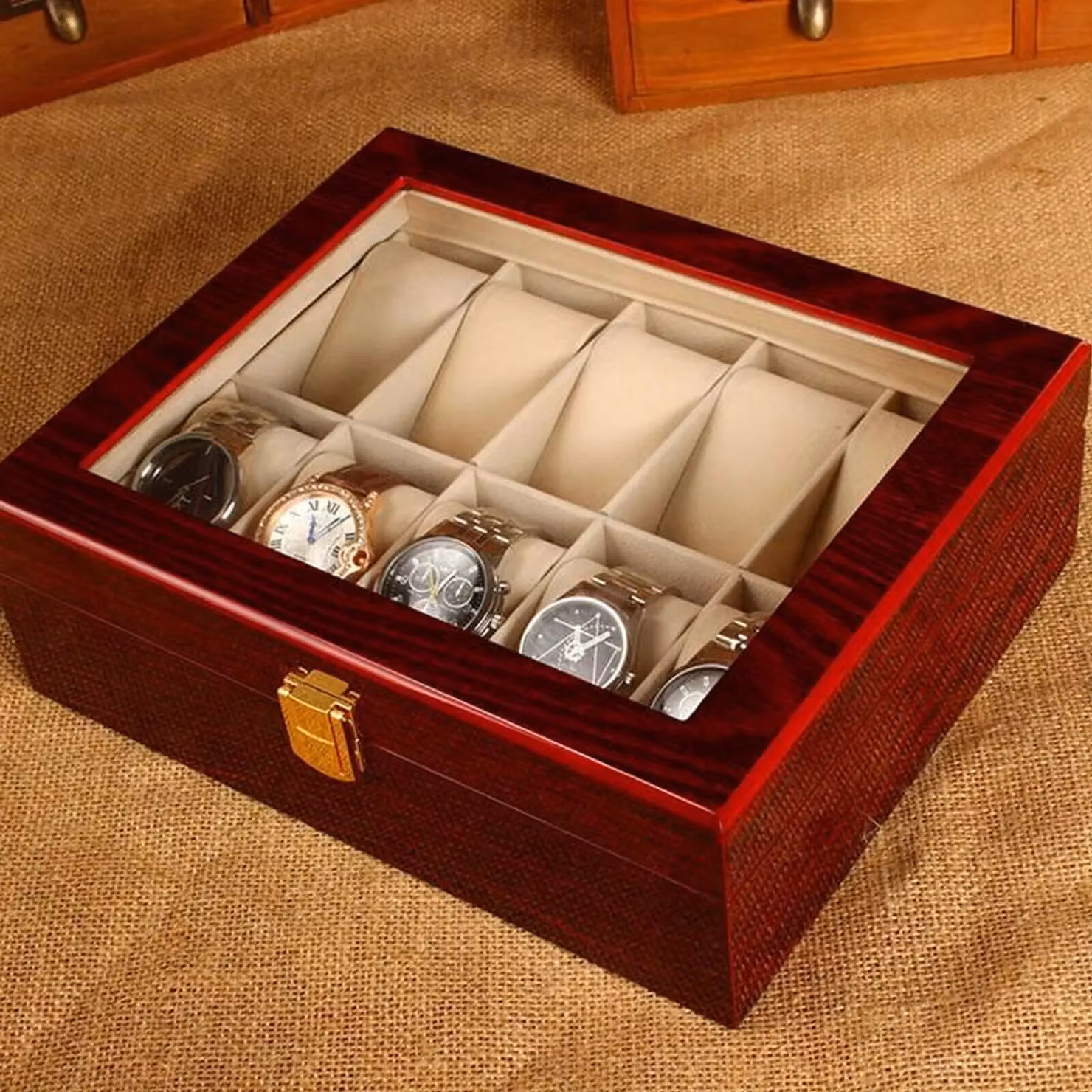 Xample Red Leather Watch Display Case and Jewelry Collection Storage Organizer Box with Wood and Glass Lid – 7