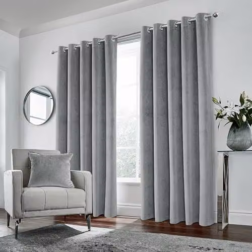 Enhanced Living Grey Velvet Blackout Thermal Eyelet Curtains, W: 168 cm, H: 229 cm – 1