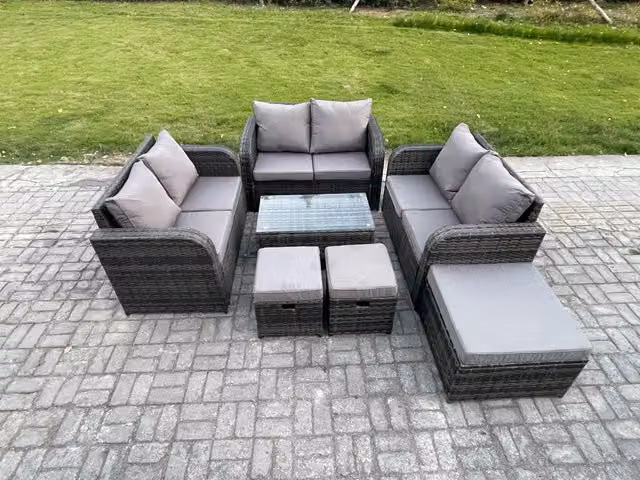 Fimous 9 Seater Wicker Rattan Garden Furniture Set in Dark Grey with Rectangular Coffee Table and 3 Footstools