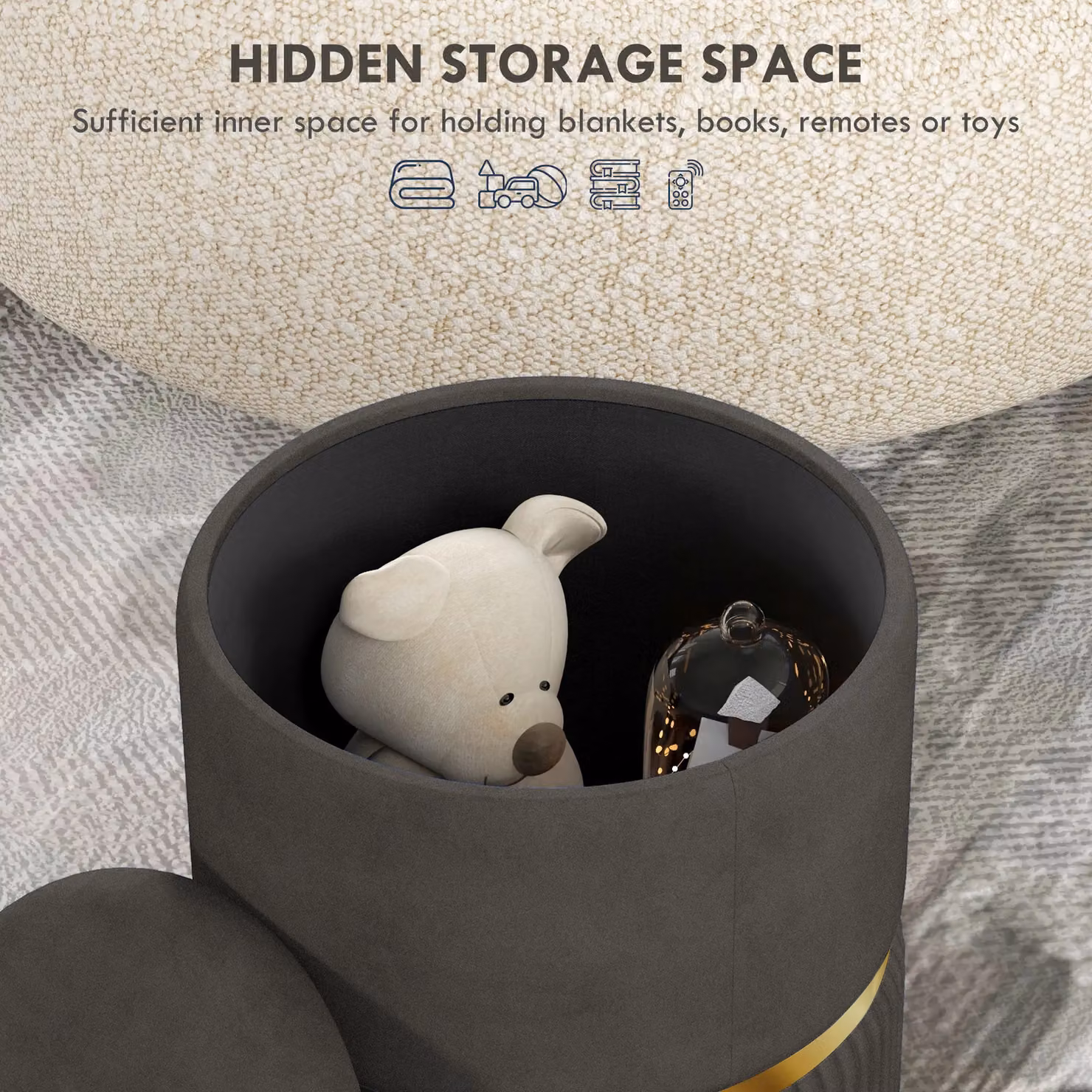 HOMCOM Round Velvet Storage Stool and Pouffe in Grey, W/D/H: 36 x 36 x 44 cm – 9