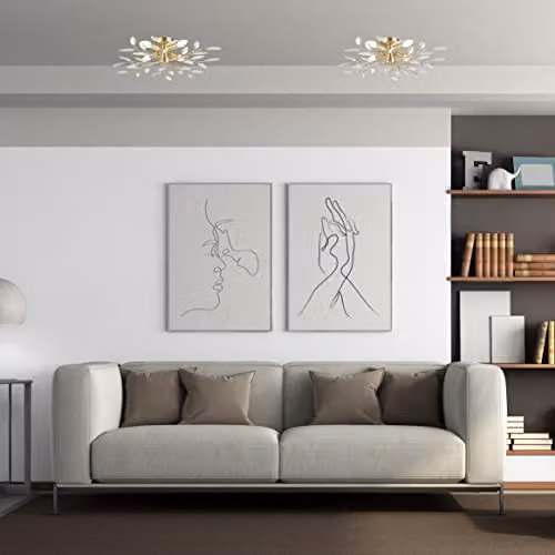 Happy Homewares Modern Brushed Gold Branch Ceiling Light Fitting with Transparent Acrylic Leaves, W/D/H: 60 x 60 x 15 cm, 4 x E14 Bulbs – 2
