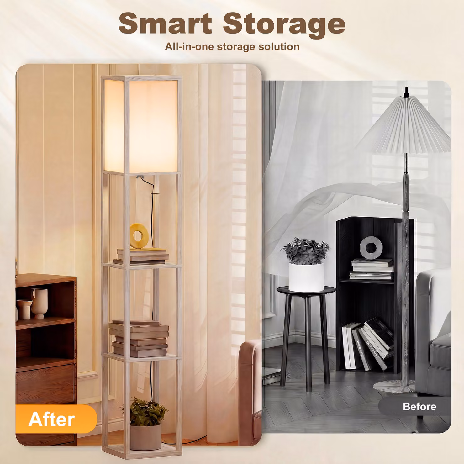 HOMCOM 3-Tier Floor Lamp with Shelves in White and Wood for Living Room, Bedroom or Office – 4