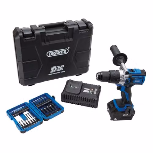 Draper D20 20V Brushless Combi Drill Kit with Expert Impact Screwdriver Bit in Blue and Black – 2