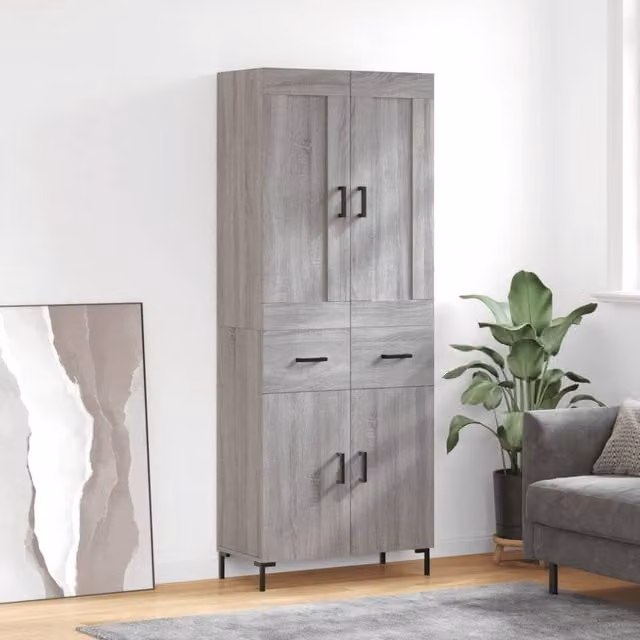 Berkfield Home Grey Sonoma Modern Highboard with Hinged Doors and Internal Shelves, W/D/H: 69.5 x 34 x 180 cm