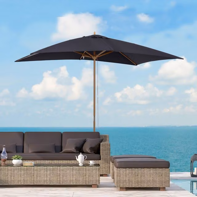 Outsunny Wooden Garden Parasol Sun Shade with Polyester Canopy in Black