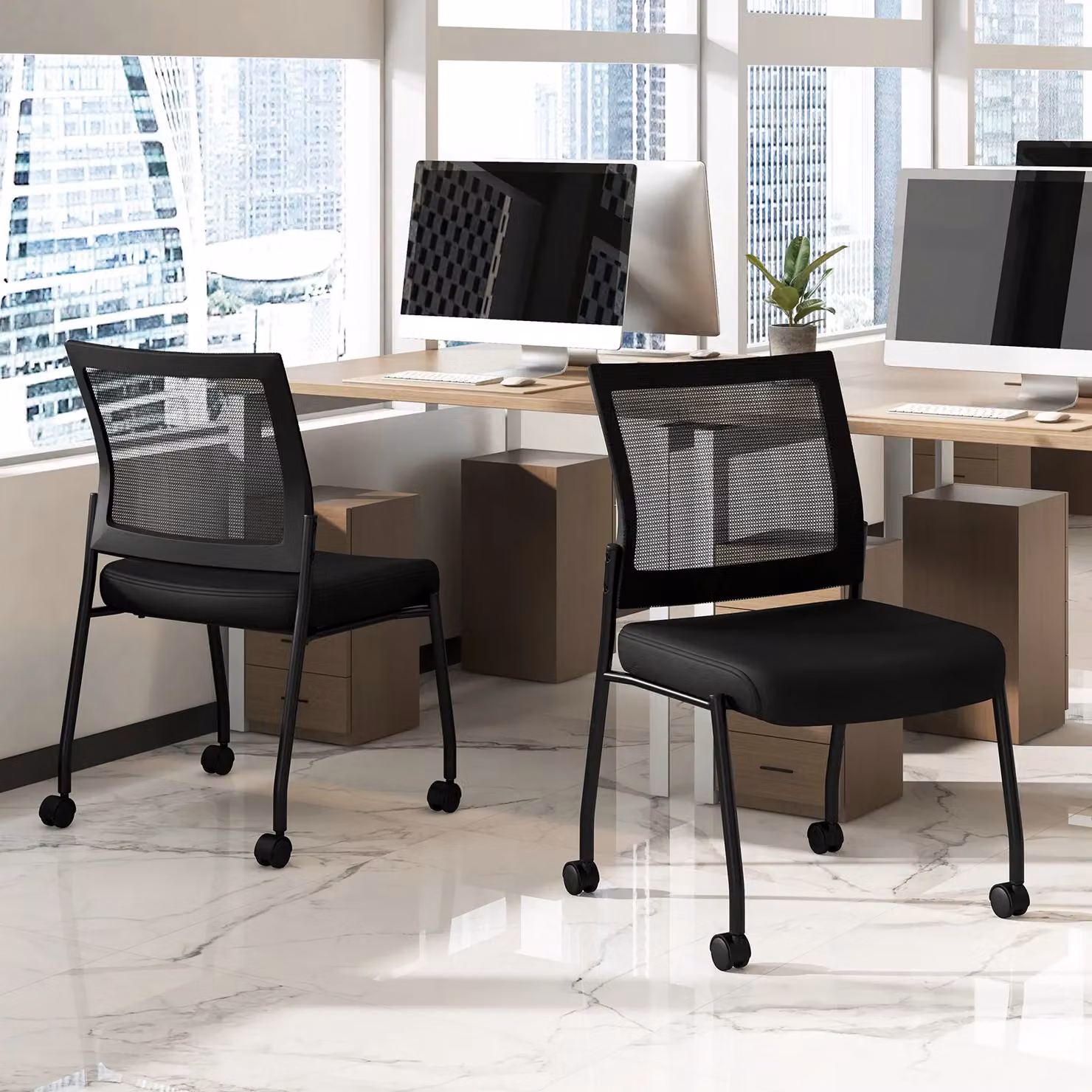 Gymax Set of 2 Stackable Black Mesh Back Office Reception Chairs with Castors – 3