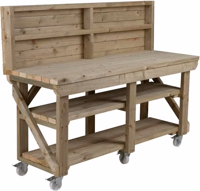Arbor Garden Solutions Multi-colour Wooden Indoor Outdoor Workbench with Back Panel, Double Shelf and Wheels, Width: 210 cm