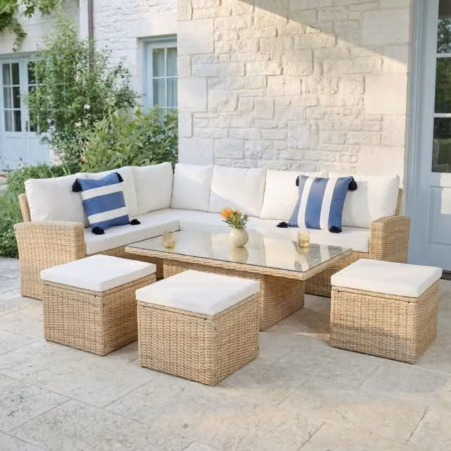 Home Garden Direct Pelias Rattan Corner Sofa Set with Rising Table, 8 Seats, Natural Brown and Grey