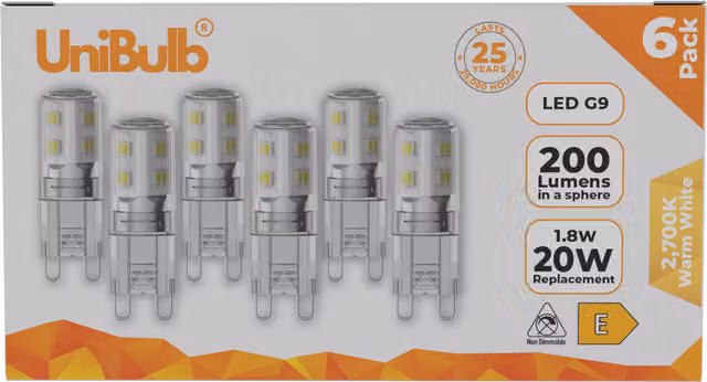 UniBulb LED G9 Capsule Bulb, 200lm, 2700K Warm White, Pack of 6