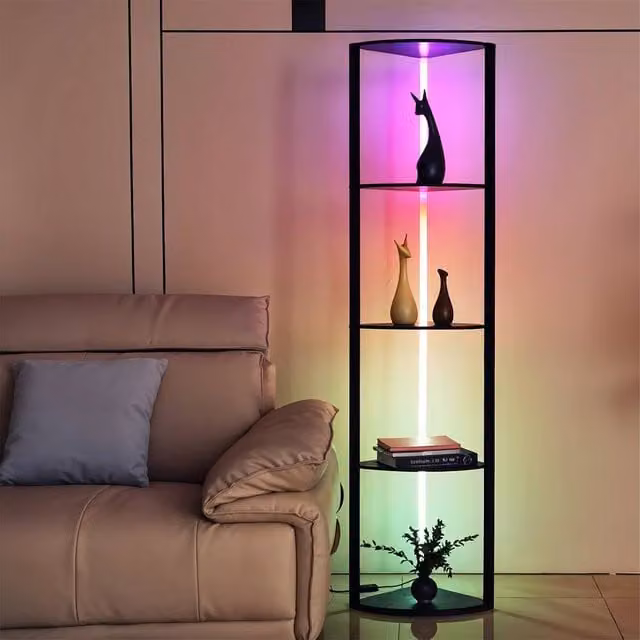 Living and Home 5-Tier Black Corner Shelf LED Floor Lamp with Wood and Metal Storage Display Rack