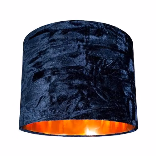 Happy Homewares Midnight Blue Crushed Velvet Circular Drum Lampshade with Copper Inner