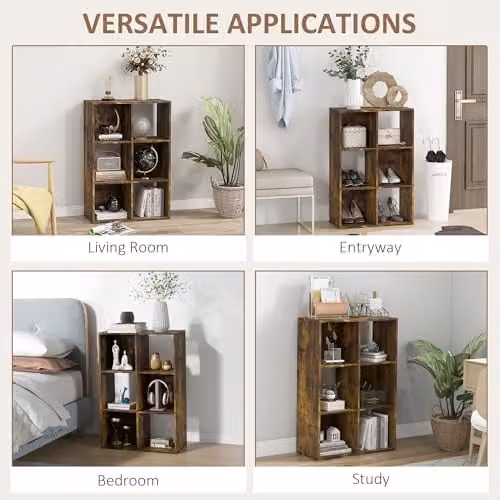 HOMCOM 6-Cube Freestanding Bookshelf and Display Shelving Unit in Rustic Brown – 3