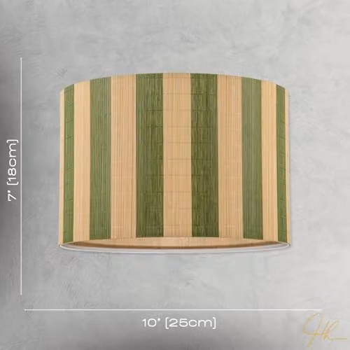 Happy Homewares Shabby Chic Bamboo Drum Lamp Shade in Natural Brown with Olive Green Stripes, W/H: 18 x 25 cm – 4