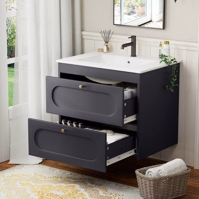 KEEPREAPER Wall Mounted Bathroom Vanity Unit with Ceramic Sink and 2 Drawers, Dark Grey and Gold – 1
