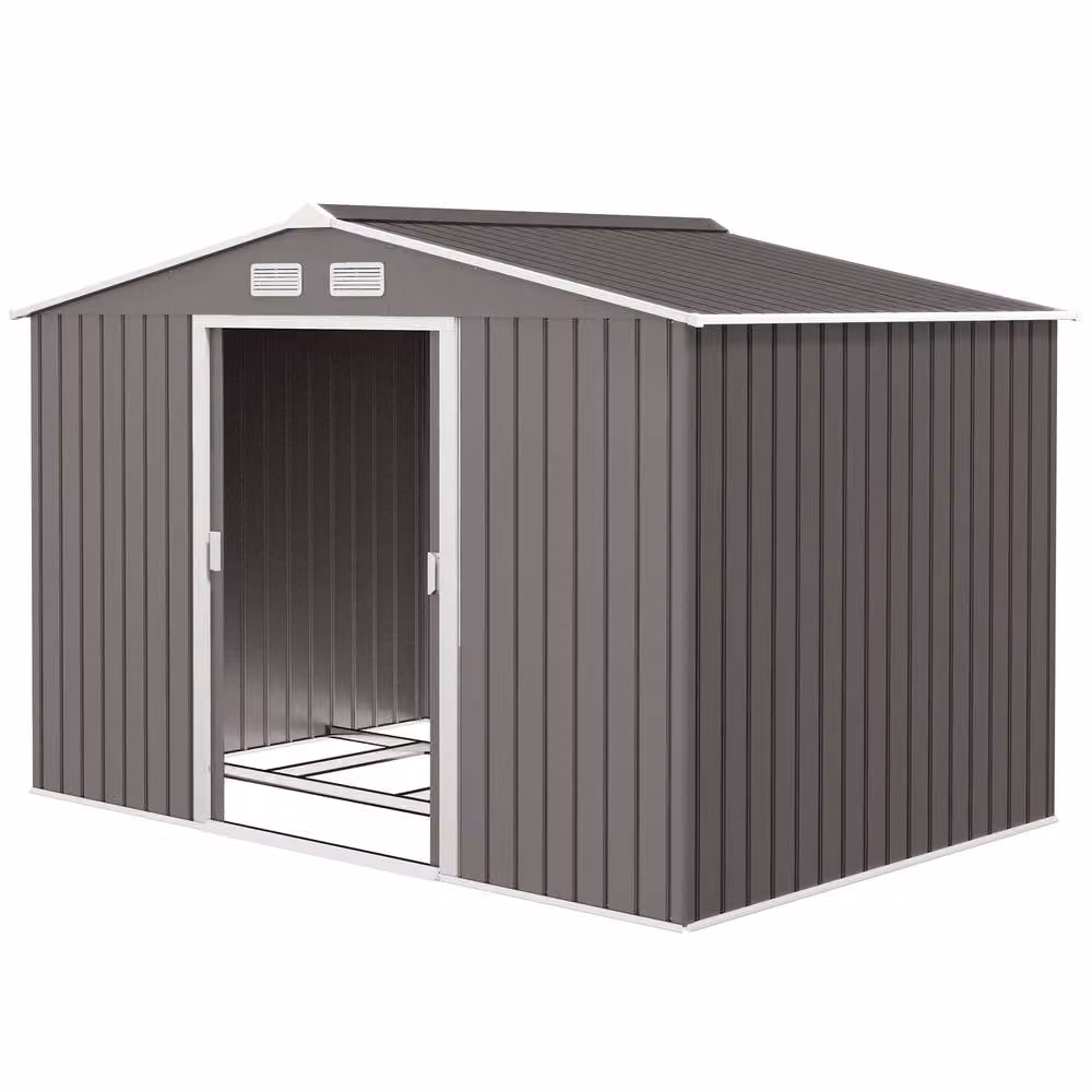Rolipo Metal Garden Shed with Sliding Doors and Side Ventilation, Light Grey, W: 274.32 cm, D: 182.88 cm, H: 274.32 cm – 1