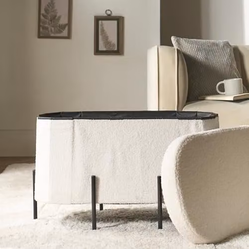 OHS Large Oval Boucle Ottoman Storage Footstool with Metal Legs in Beige and White – 1