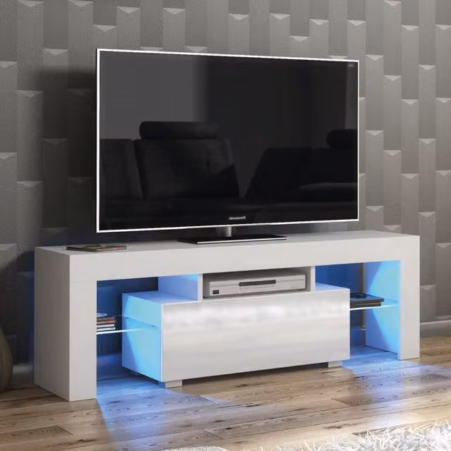 Mex Furniture LTD Modern Glossy White TV Unit with LED Lighting, W: 130 cm, D: 35 cm, H: 45 cm