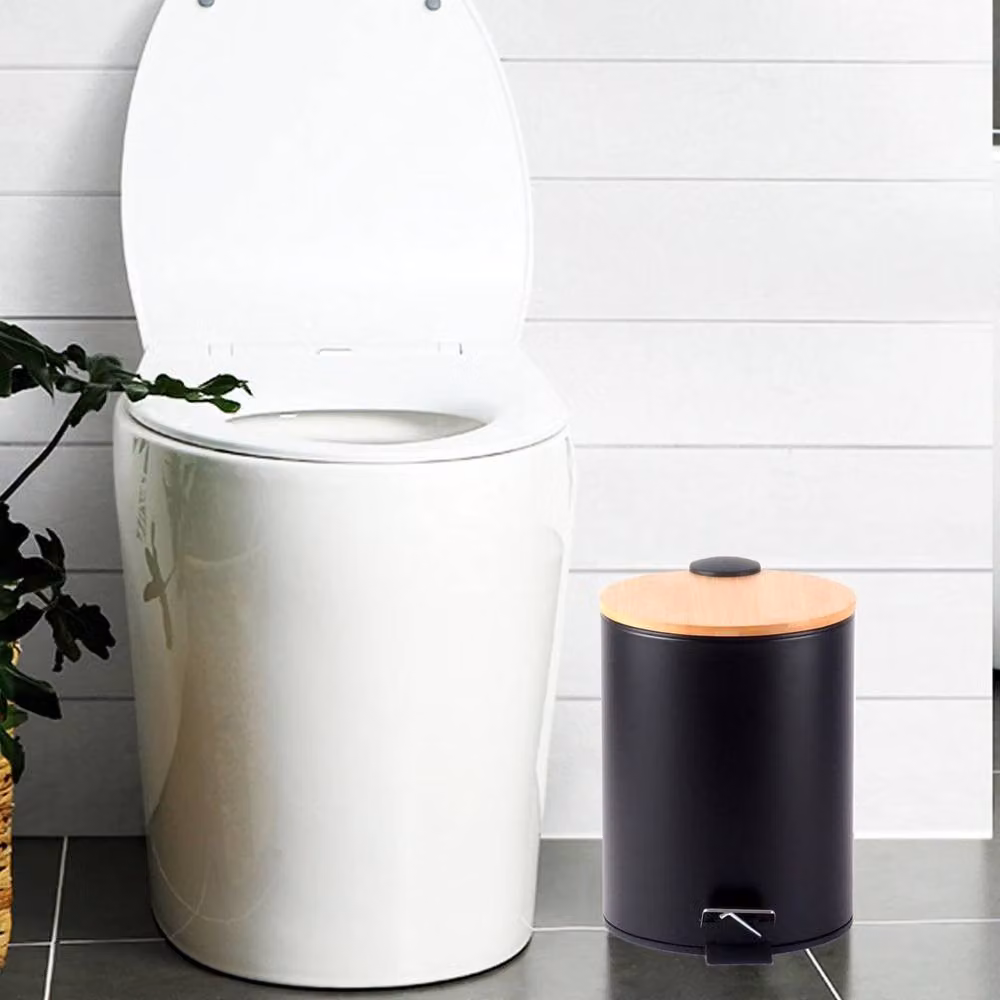 EONLION 3 Litre Black Stainless Steel Pedal Bin with Wooden Lid – 3