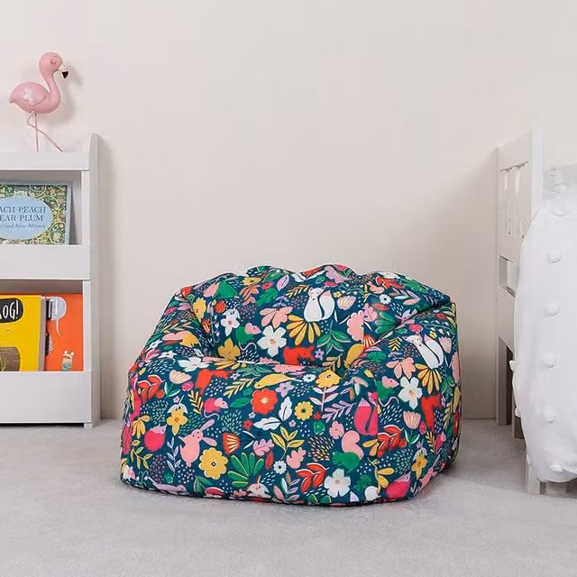ICON Forest Friends Childrens Bean Bag Chair in Green Multicolour Floral Fabric