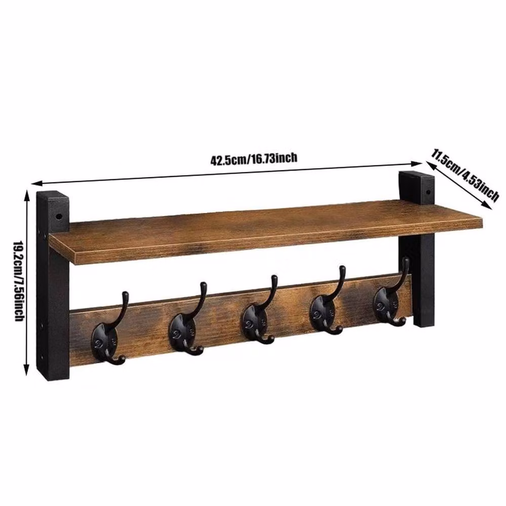 KORVIXA Industrial Wall Mounted Coat Rack Shelf with 5 Hooks, Brown and Black, W: 90.0 cm, D: 42.5 cm, H: 11.5 cm – 2