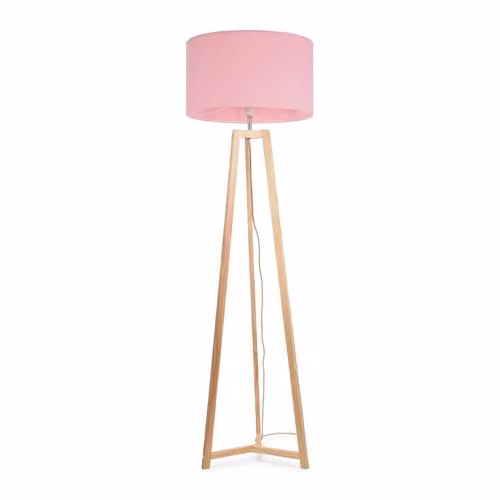 ValueLights Lottie Natural Wood Tripod Floor Lamp with Blush Pink Fabric Drum Shade, H 148 cm x W 45 cm x D 45 cm – 1