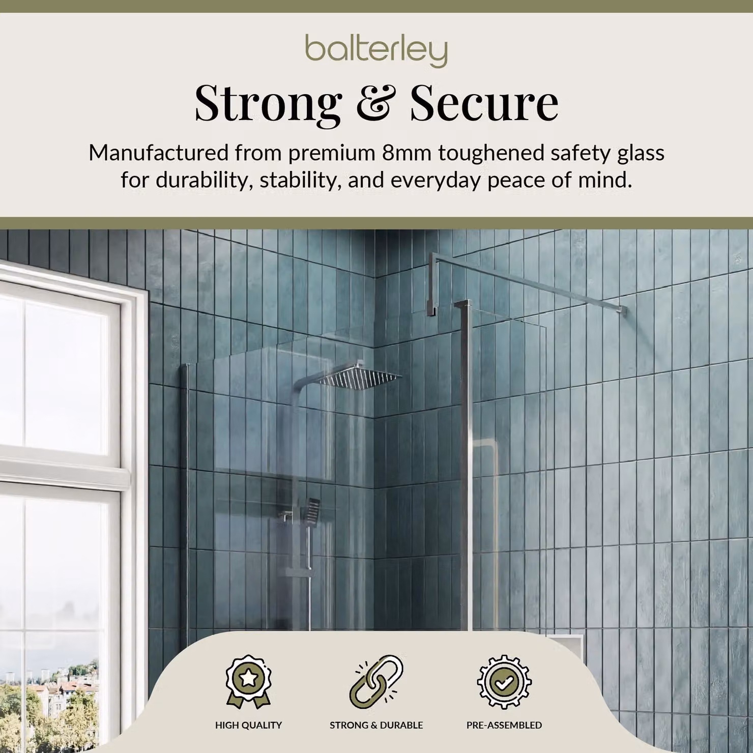 Balterley 8mm Glass Walk-in Wetroom Screen and Return with Grey and Silver Tray, W/D/H: 1700 x 800 x 195 mm – 2