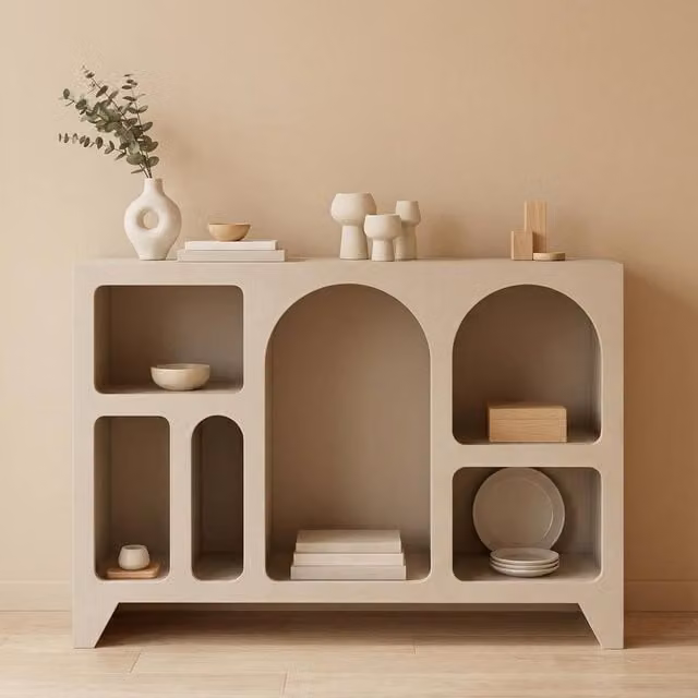 OHS Modern Arched Sideboard Display Unit and Buffet Cabinet with Open Shelves in Beige, Sand, or Brown – 1