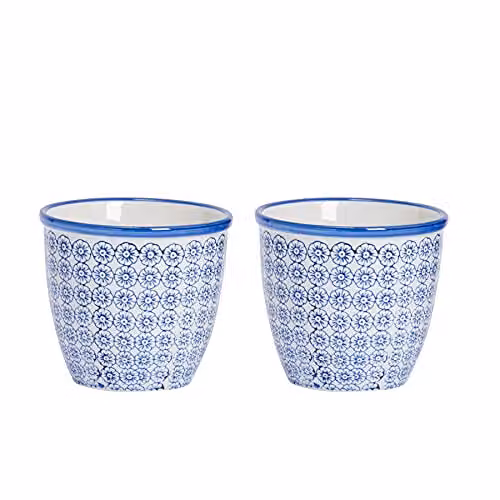 Nicola Spring Floral Ceramic Tabletop Plant Pots, Blue and Orange, Pack of 2, W/D/H: 14 x 14 x 12.5 cm – 1