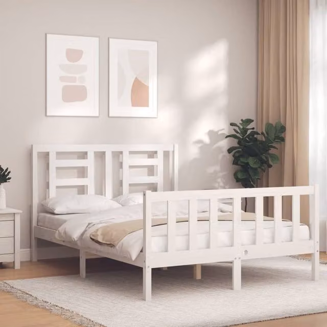 Berkfield Home Solid Wood Bed Frame with Headboard in White, W/D/H: 120 x 200 cm – 1