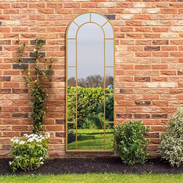 MirrorOutlet Arcus Window Framed Arch Leaner Garden Wall Mirror in Gold, Height: 170 cm