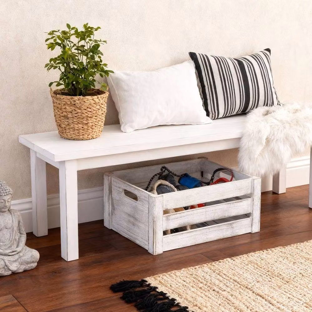 FLAVORA Set of 3 White Wash Slatted Wooden Home Storage Crates with Handles – 3