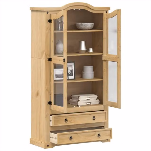 Berkfield Home Corona Glass Display Cabinet in Brown Solid Pine, W/D/H: 99 x 43 x 187 cm – 1