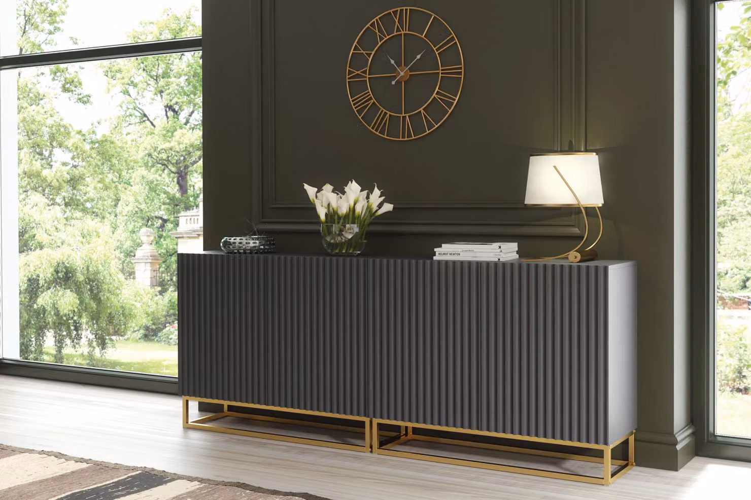 Mex Furniture LTD Set of 2 White Fluted Sideboards with Gold Base and Dark Grey Accents, W: 200 cm – 4