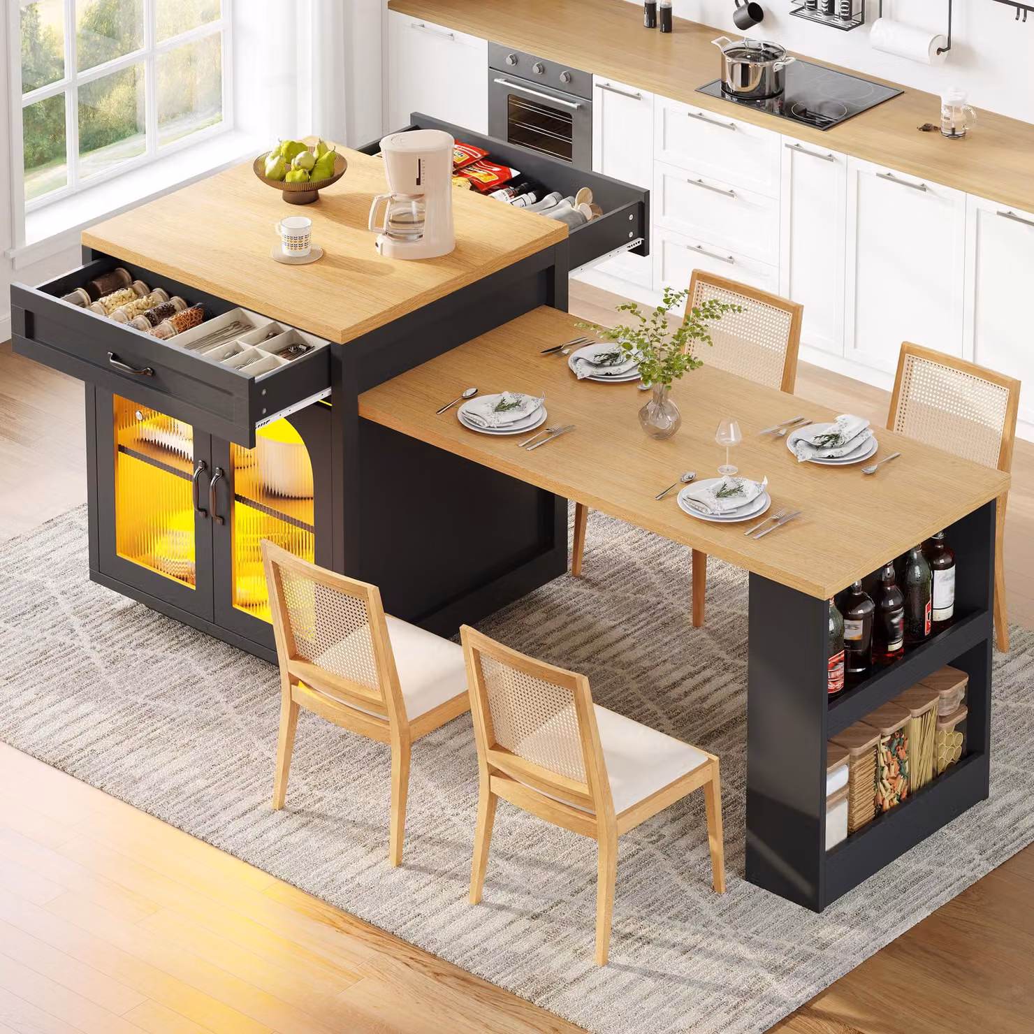 Aosom UK Extendable Kitchen Island with App-Controlled RGB LED Lighting in Black, W: 59 cm, D: 59 cm, H: 94 cm (Extendable to 126-196 cm) – 8