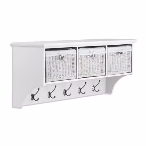 Statement Furniture Tetbury Wall Mounted Coat Rack with 3 Rattan Storage Baskets and Hanging Shelf, White, Width: 113 cm, Depth: 28 cm, Height: 43 cm
