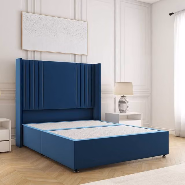 BSSPOKE Cheshire Small Double Divan Bed in Blue Plush Velvet with 54 inch Headboard, W/D/H: 120 x 200 cm
