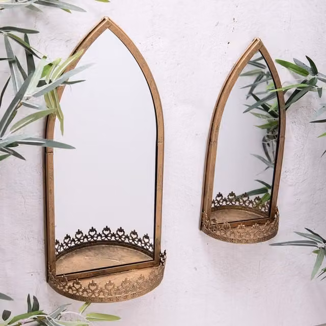 Annibells Gold Metal Geometric Garden Wall Mirror with Shelf, W: 40 cm, H: 40 cm, D: 40 cm