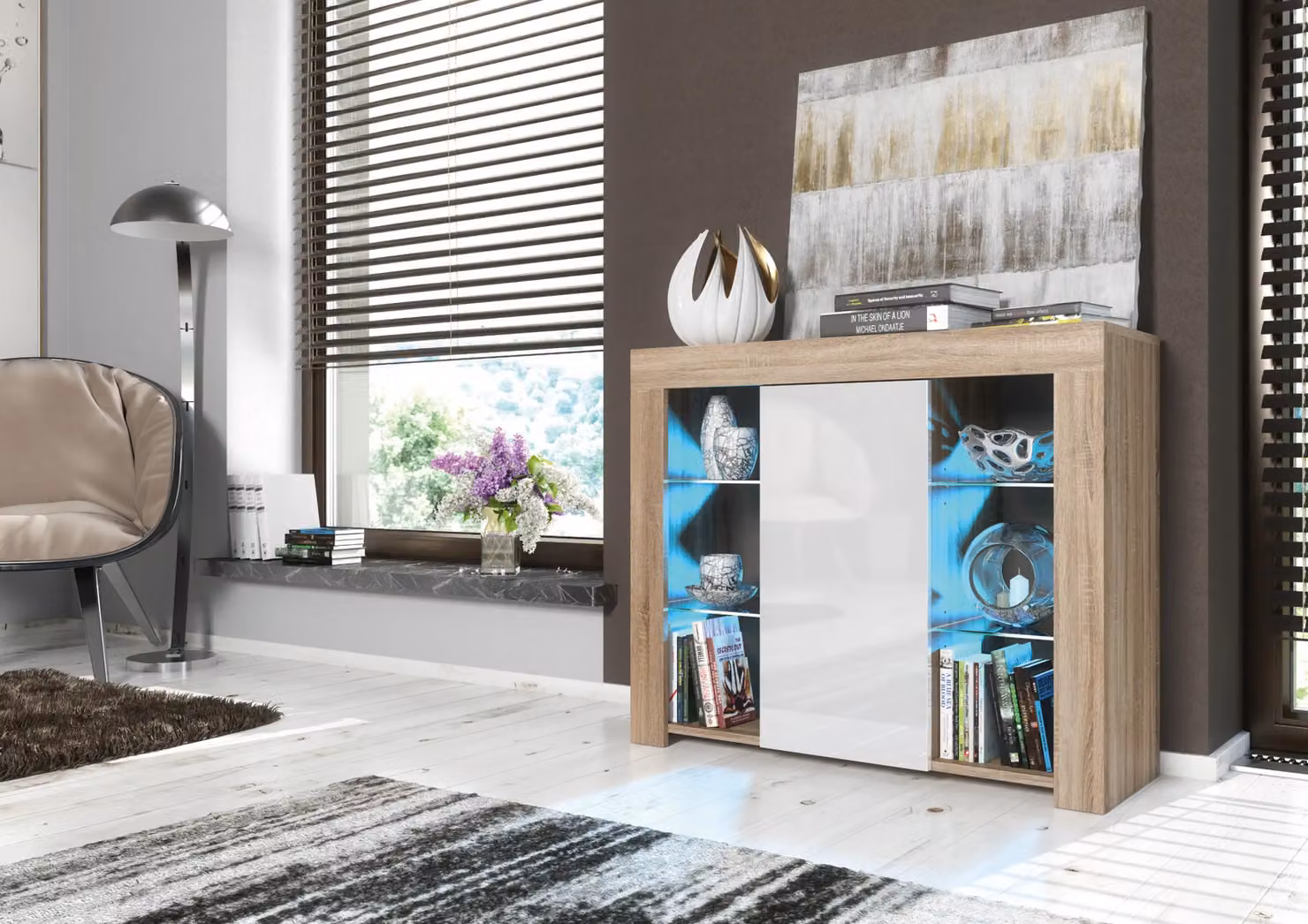 Creative Furniture Harbor Sideboard in Oak with White Gloss Doors and Integrated Lighting, W: 97 cm, H: 83 cm, D: 35 cm – 2