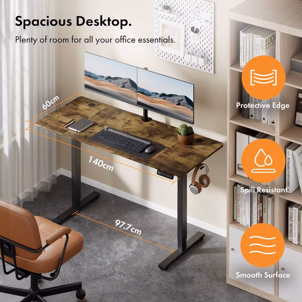 VonHaus Electric Height Adjustable Standing Desk with USB-C Charging in Brown, W/D/H: 140 x 60 x 72 cm – 2