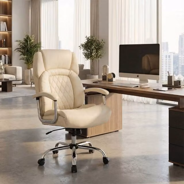 Costway Modern Executive Office Chair in Beige PU Leather with Headrest and Armrests – 1