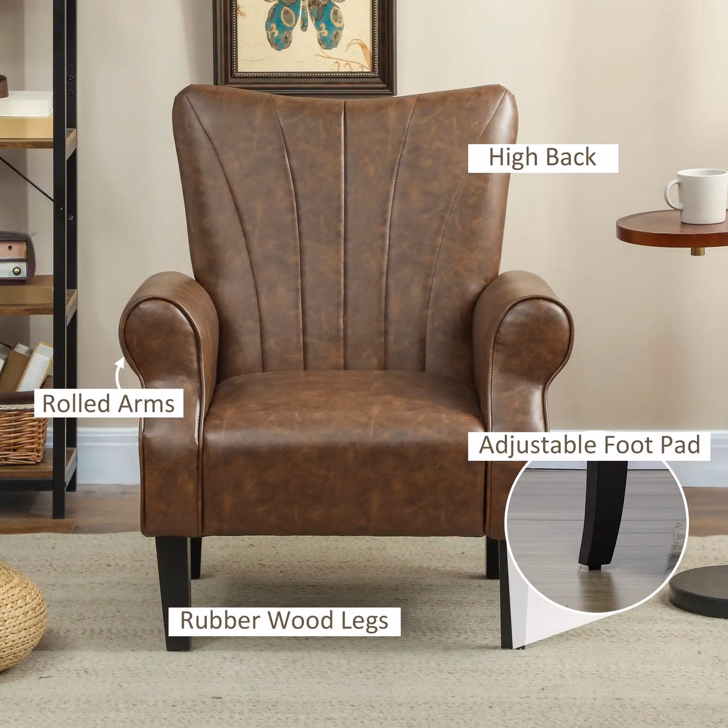HOMCOM Modern Upholstered Accent Armchair with Synthetic Leather and Wood Legs in Brown – 4