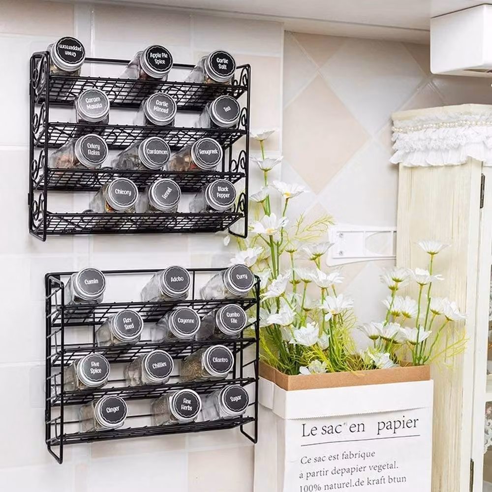 FORGEVIO 4 Tier Black Metal Spice Rack and Wall Mounted Kitchen Organiser – 4