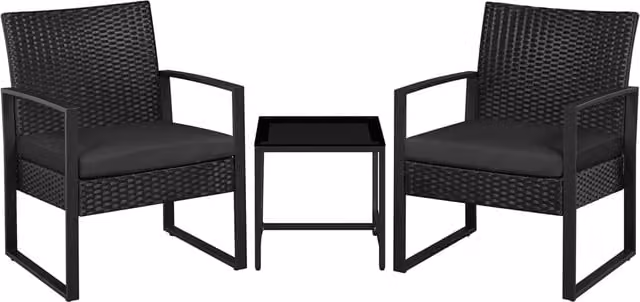 Yaheetech 3 Piece Modern Rattan and Metal Patio Bistro Furniture Set with Glass Tabletop in Matt Black