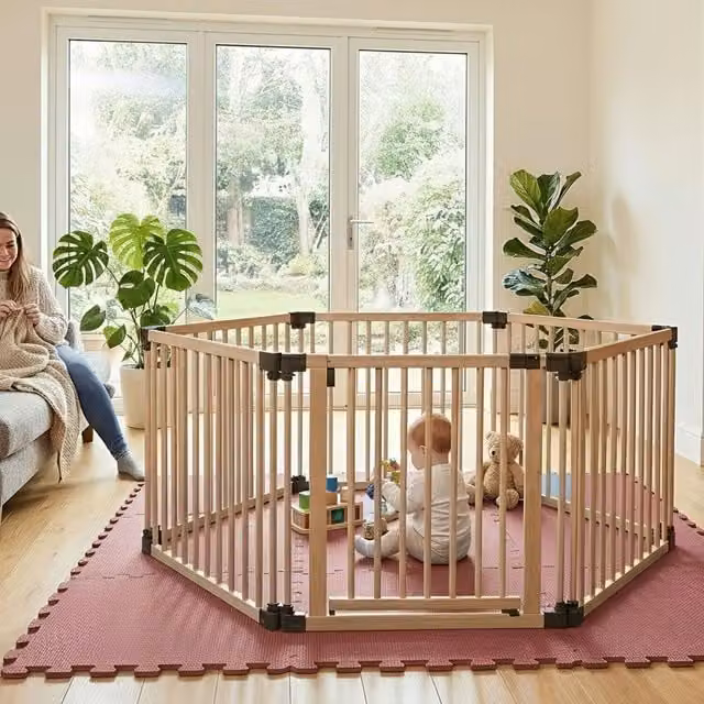 Safetots Hexagonal Wooden Play Den with Soft Foam Play Mat, Dusty Blue and Natural, W/D/H: 180 x 150 x 80 cm