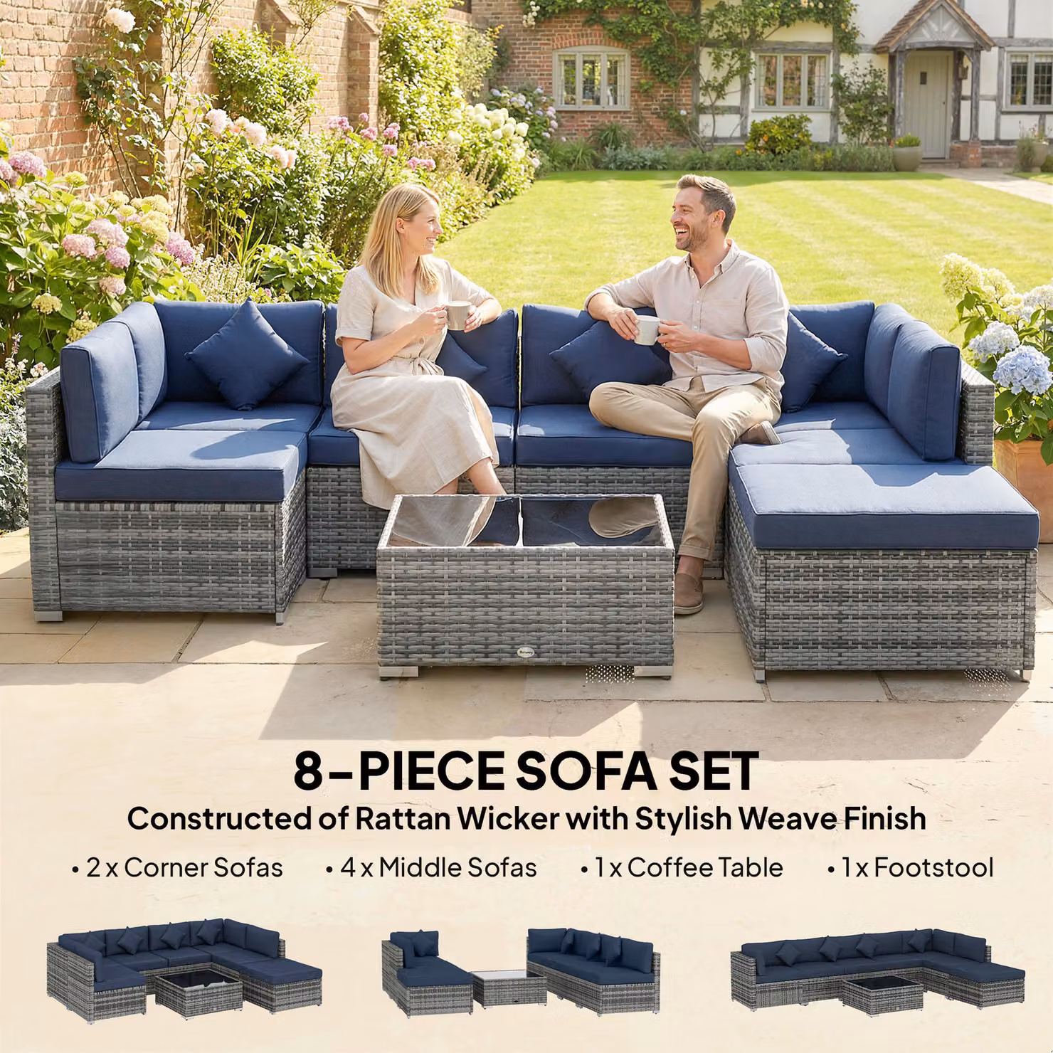 Outsunny 8 Piece PE Rattan L-Shape Corner Sofa Set with Cushions and Coffee Table, Dark Blue – 6