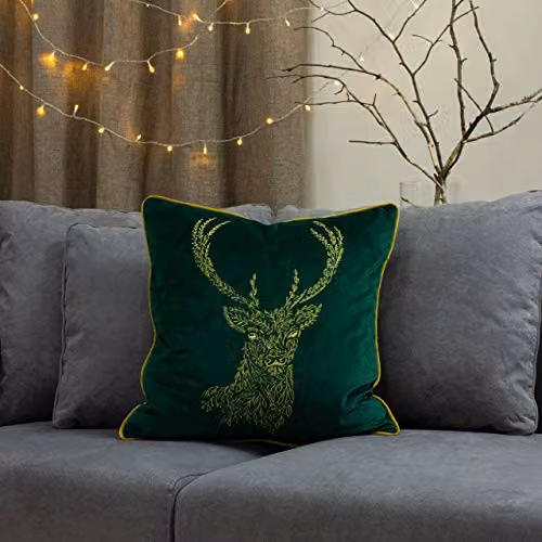 Furn Forest Fauna Embroidered Woodland Stag Velvet Cushion in Green and Gold, W/D/H: 50 x 50 x 50 cm – 6