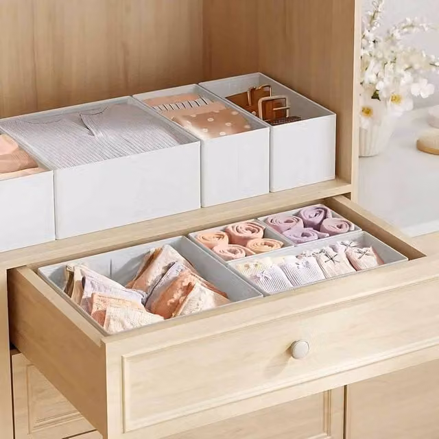 The Bazaarist Set of 12 Foldable Fabric Drawer Storage Boxes with Dividers, White