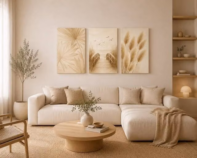Mafett Set of 3 Beige Boho Botanical Canvas Wall Art with Floral and Leaf Designs, W: 45.7 cm, H: 61.0 cm
