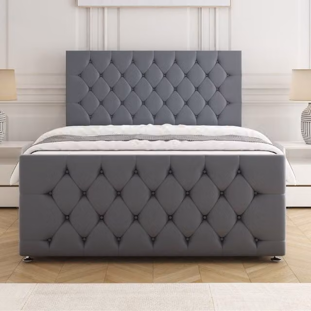 BSSPOKE Maya King Size Divan Bed Set with 24 inch Headboard and Mattress in Grey Plush Velvet, W/D/H: 180 x 200 cm