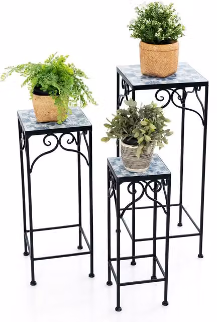 COSTWAY 3 Piece Lacquered Metal Plant Stand Set in Blue